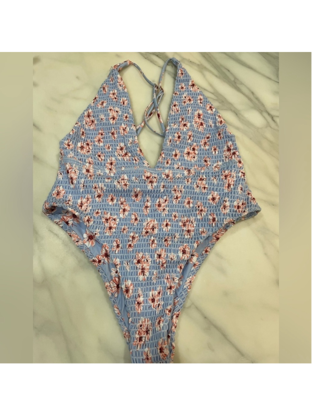 Zalful Smocked Floral Bathing Suit One Piece Cheeky bottom padded cups 10 Plunge